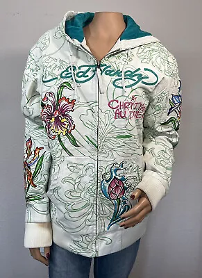 Ed Hardy Christian Audigier White Leather Dragon Jacket Floral Size L Rare • $212.50