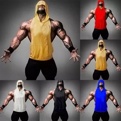 Tank Top Mens Vest Fitness Hoodie Muscle Round Neck Sleeveless T-shirt • £13.04