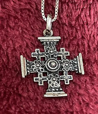 Vtg. 925 Maltese  Jerusalem Cross Pendant 16” Necklace + Israel Case Beautiful! • $29.99