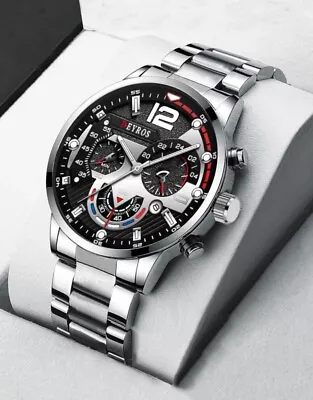 Men's Business Fashion Watch With Stainless Steel Strap Silver & Black Quartz UK • £9.99