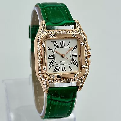 NEW Women's Rose Gold Tone TANK Style Watch Crystal Accents Green Band 31mm • $19.99