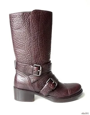 MIU MIU PRADA Dark Brown Leather 5.5 Buckled BIKER BOOTS 35.5 HOT New $995 • $319.99