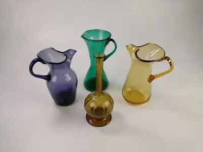 4 X Mid Century Art Glass Vases - Yellow Green Purple - Wide Lip • $29.99