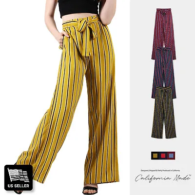 Women Pallazzo Linen Lounge Flowing Pants With Stripes • £13.48