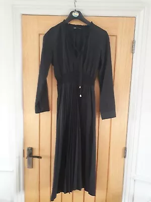 Zara Womens Black Dress Long Sleeve Maxi Pleated Size Uk 8-10 • £18.49
