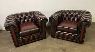 Chesterfield Club Chairs A Matching Pair In Dark Oxblood Red • £895