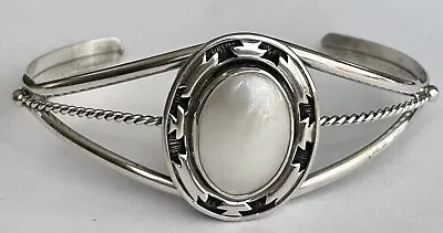 Vintage Native American Pierced Bezel Pearl Shell Cabochon Cuff Bracelet • $65