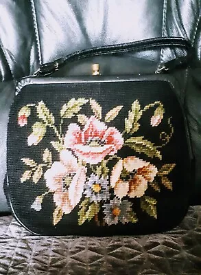 Vintage Antique Black Floral Tapestry Petit Point Carpet  Handbag  • £55
