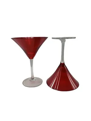 Vintage Ruby Red Martini Cocktail Glasses Clear Stems 8 Oz. 7  Tall Mouth Blown • $24.95