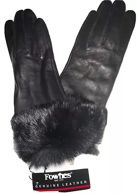  Women's Rabbit Fur Cuff  Leather  Gloves Black Small • $59.99