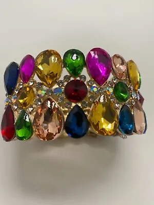 Vintage Colorful Wide Rhinestone Stretchy Bracelet Gold Tone Prong Set • $12.99