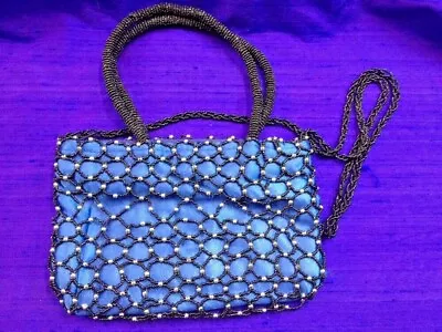 Vintage Navy Blue Beaded Mesh 90's Evening Bag Purse Retro Glam L • $14.97