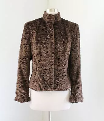 Vtg Alberto Makali Chocolate Brown Faux Broadtail Fur Jacket Blazer Cut Size 8 • $39.99