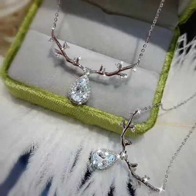 Elk Necklace Pendant Cute Pear Cut Cubic Zircon 925 Silver Women Jewelry • $2.10