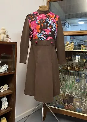 Gorgeous Vintage Mod Dress In Brown And Pink 1960s With Floral Panel • £25