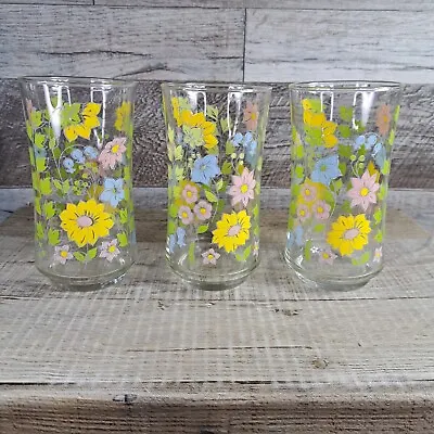 SET OF 3 Vintage MCM SPRING MEADOW Tumbler GLASSES Colorful Floral • $24.98