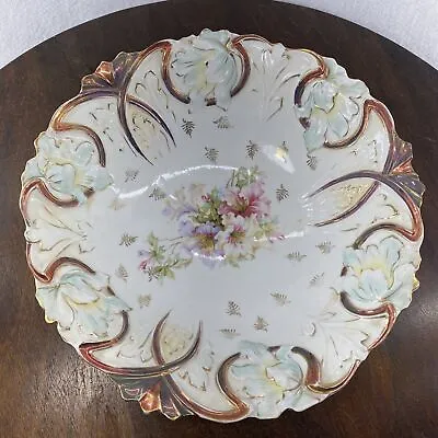 R.S. PRUSSIA BOWL WITH Flowers Scalloped Blown MOLD 11” Unsigned • $74.99