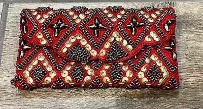 Vintage Bougainvillea Beaded Red Flapper Style Evening Clutch Wallet • $25.49