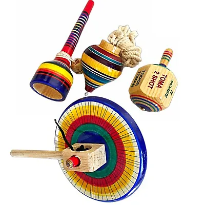 Set Of 4 Classic Wooden Spinning Mexican Toys Trompo Pirinola Balero De Copa • $60