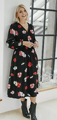 NWT Size 10 M&S Floral Tea Wrap Dress Midi Black Pink Blogger HOLLY WILLOUGHBY • £30