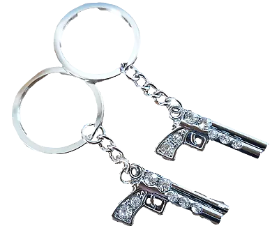 Set Of 2 Lovers Couples Silver Tone Diamonte Hand Gun Pistol Keyrings Gift Idea • £3.95