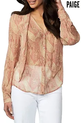 Paige Nwt $269 Cleobelle Paisley Silk Lipstick Pink/tan Blouse. Sz L • $54.99