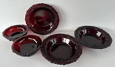 Vintage Ruby Red Glass Avon Cape Cod Soup & Fruit Bowls Lot Of 5 • $60