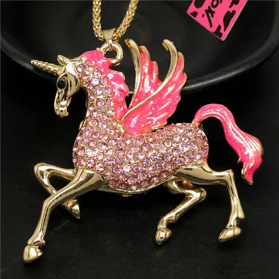 $3.95 • Buy Fashion Women Cute Pink Enamel Pegasus Unicorn Crystal Pendant Chain Necklace