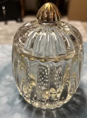 Vtg Vanity Jar Clear Ribbed Glass Jar With Led Gold Trim • $10