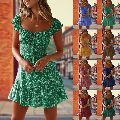 $23.59 • Buy Women's Sexy Summer Pleated Sleeve Neckline Print Dress Mini Dress Sundress NEW