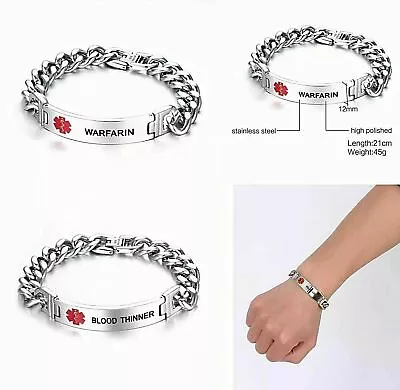 Personalised Warfarin Blood Thinner Medical Alert Bracelet Stainless Steel Chain • £12.99