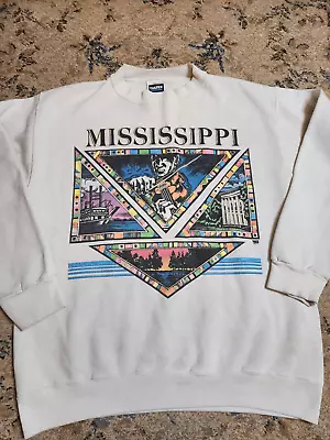 Vintage 90s State Of Mississippi Graphic Sweatshirt River Music Nature Size Med • $34.96
