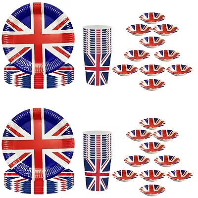 Union Jack Tableware Set 20 Plates 20 Bowls &24 Cups Indoor Outdoor Royal Party • £10.88