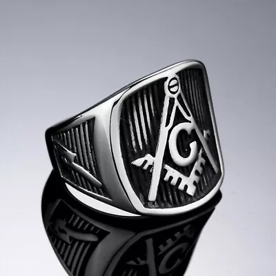 Men's Vintage Freemason Masonic Signet Biker Ring Stainless Steel Size 7-13 • $12.96