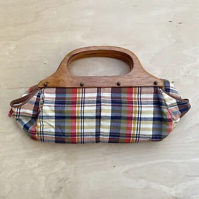 J Crew Wooden Handle Plaid Handbag Purse Clutch Multicolor Cotton Leather • $26
