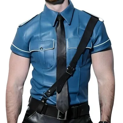 NEW Men's Real Sheep Leather Police Uniform Sexy Short Sleeves Blue Shirt White • $29.99