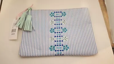 Vineyard Vines Blue White Striped  Hydrangea: Embroidered Clutch W/ Tassels NWT • $22.99