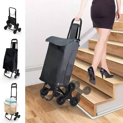 VOUNOT Folding Shopping Trolley On 6 Wheels Stair Climbing Shopping Cart Black • £37.89