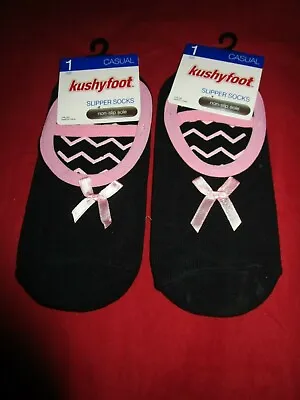 2 Pair Kushyfoot Womens Cotton Mary Jane Slipper Socks Non-Slip Black Pink • $15.99