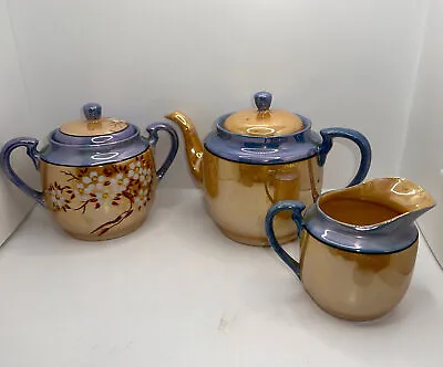 Vintage Lusterware Teapot Creamer Sugar Blue Purple Gold Japan Tea Set • $40