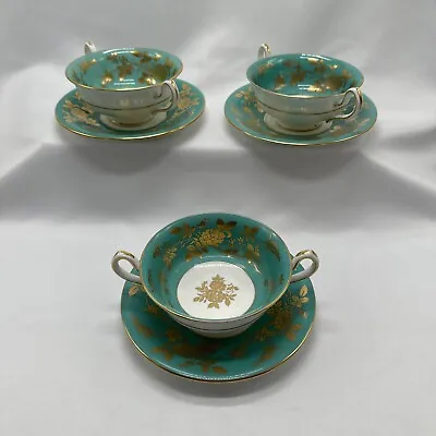 Three Vintage Mintons Tiffany & Co Teal Green Cauldon Soup Bowl Saucer Gold Gilt • $109.99