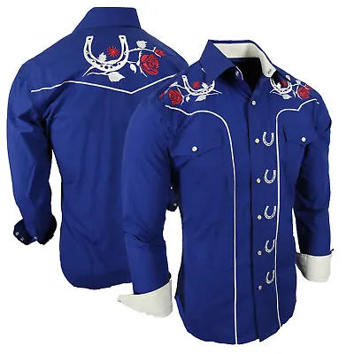 Mens Country Western Blue Shirt Floral Embroidery Cowboy Rodeo Snap Up Pockets • $37.95
