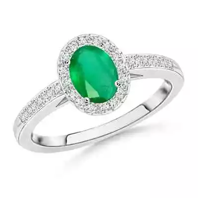 ANGARA Classic Oval Emerald Halo Ring With Diamond Accents For Women In 14K Gold • $931.92