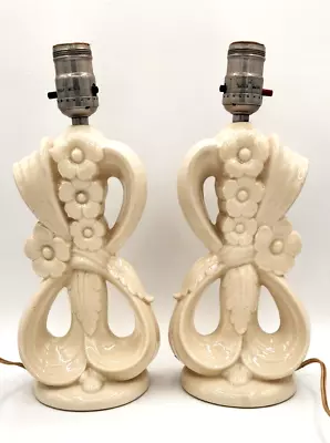 Vintage Pair Of White Pottery Floral Design Boudoir Lamps • $20