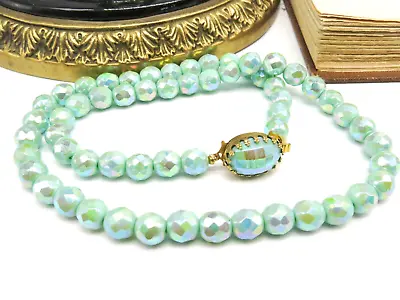 Vintage Iridescent Mint Green Glass Bead Necklace RR28 • $17.84