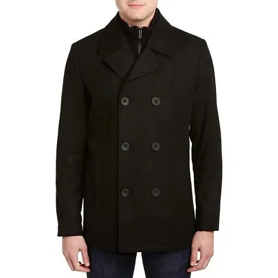 Kenneth Cole Men's Double Breasted Wool Peacoat With Attached Rib Knit Bib • $89.97