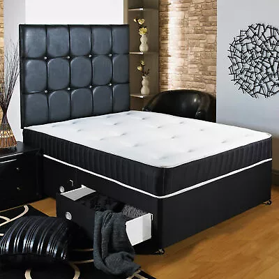 New Black Memory Soft Divan Bed With Headboard & Storage • £259.99