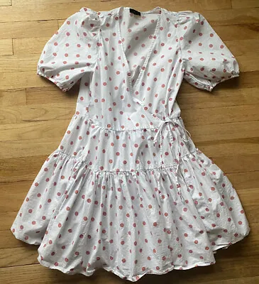 J CREW Puff-Sleeve Cotton Poplin Wrap Dress In White Rose Polka Dot Size XS • $13.75