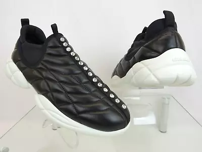 Miu Miu Prada 5s369d Black Quilted Leather Crystals Logo Slip On Sneakers 41 • $385