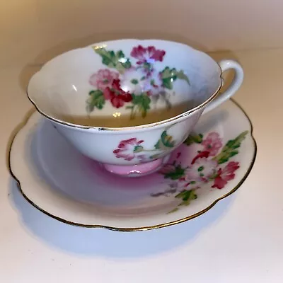 Vintage Ucagco  Teacup & Saucer Gold Trim Pink Flowers • $7